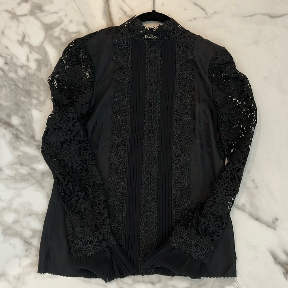 Erdem x H&M black 100% silk floral lace blouse